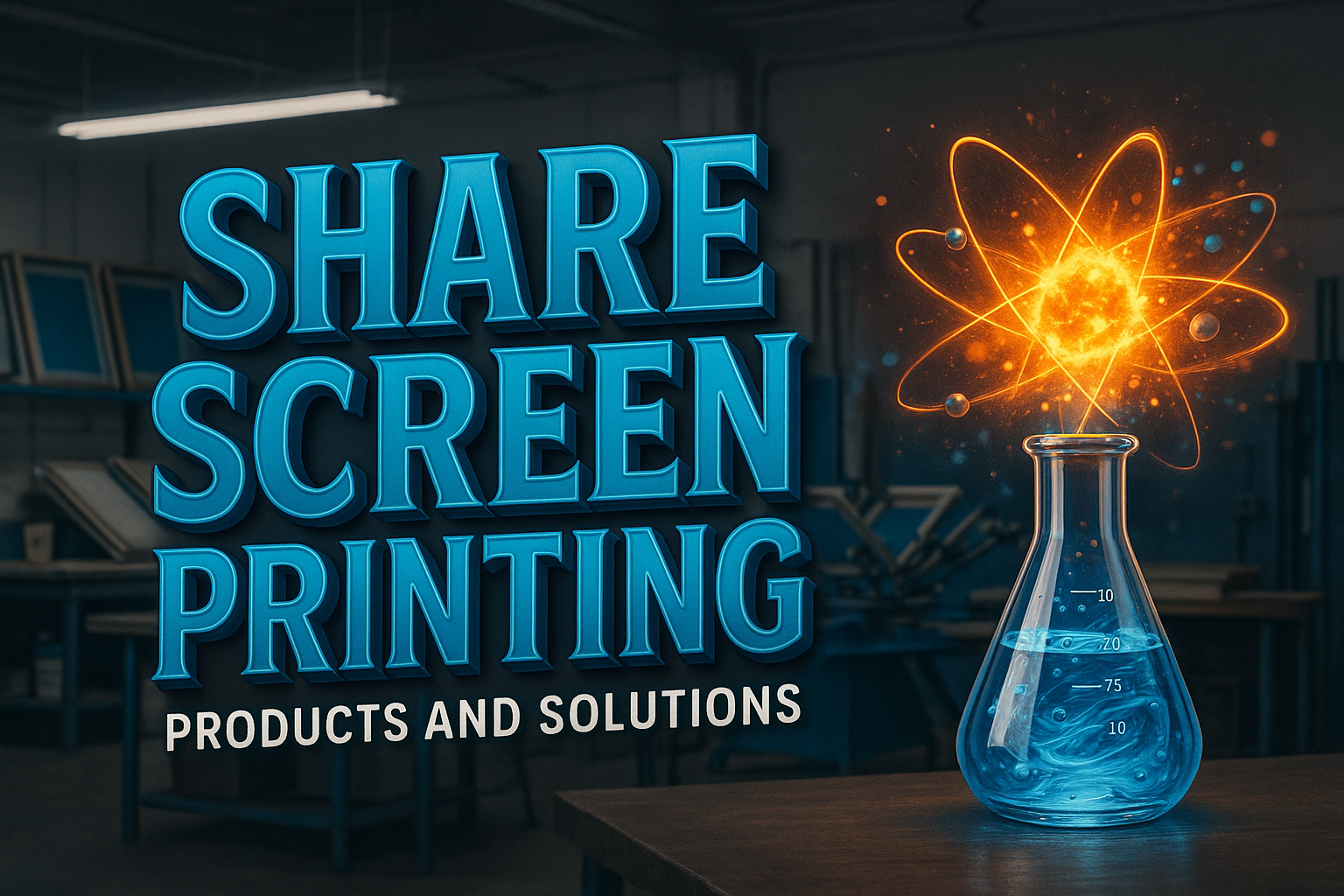 I would like a screen printing shop in the background with the company name Share Screen Printing in beautiful blue 3 dimensional text with a smaller text as a subtitle Products and Solutions  also a beatiful beaker with an image of an atom exploding out of it... The idea is Share Screen Printing is a Chemical company that supplies screen printers